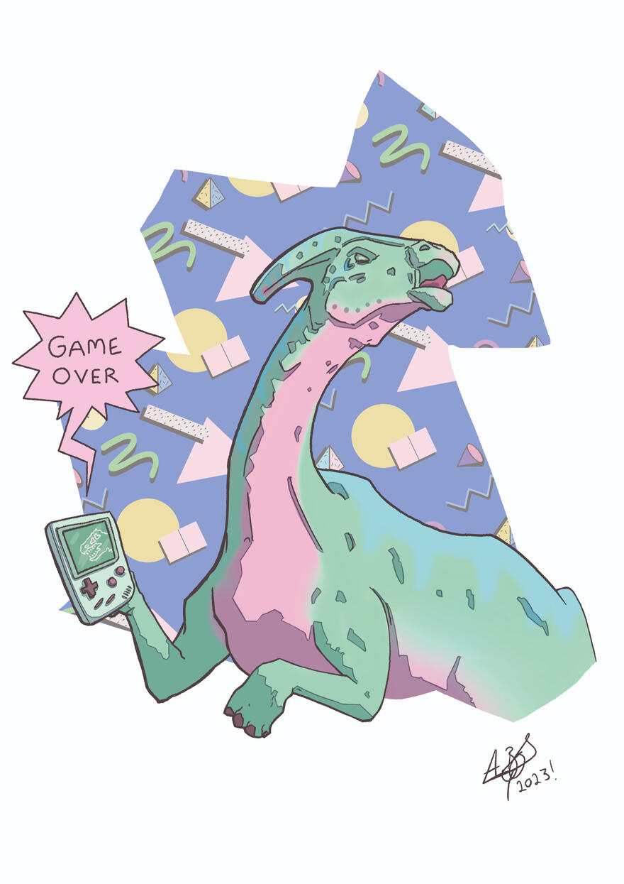 A Parasaurolophus holds a Gameboy that has a spikey word balloon coming from it saying GAME OVER. There is a blue background with a nineties themed pattern of wiggles, triangles, circles and rectangles.