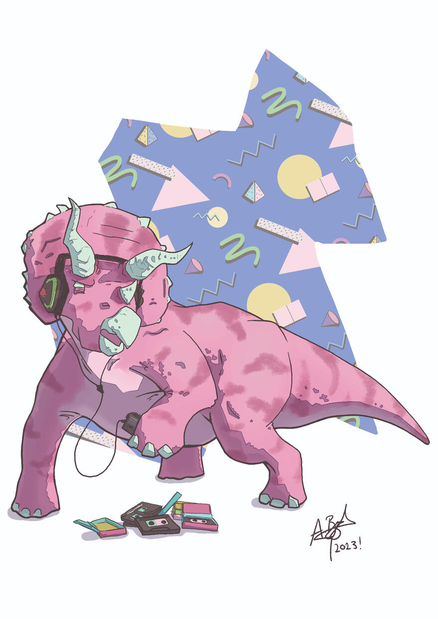 A pink Triceratops is wearing headphones and holding a cassette player. There are cassette tapes and cases on the floor. There is a blue background with a nineties themed pattern of wiggles, triangles, circles and rectangles.