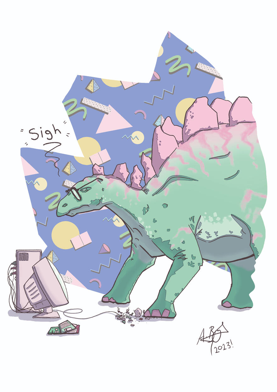 A green Stegosaurus wearing glasses is standing looking at an old nineties computer on the floor in front of her. She has accidentally smashed the mouse and is sighing. There are also floppy disks on the floor. There is a blue, nineties themed background.
